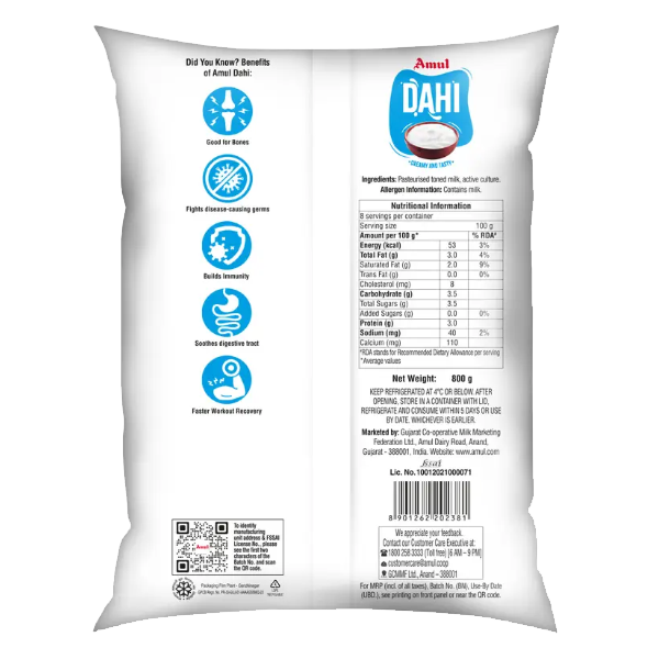 Amul Dahi Pouch Plain Curd NA (800 ml)