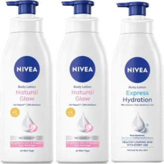 NIVEA BODY LOTION 400 ML - NATURAL GLOW QTY 2 & EXPRESS HYDRATION QTY 1 (1200 ml)
